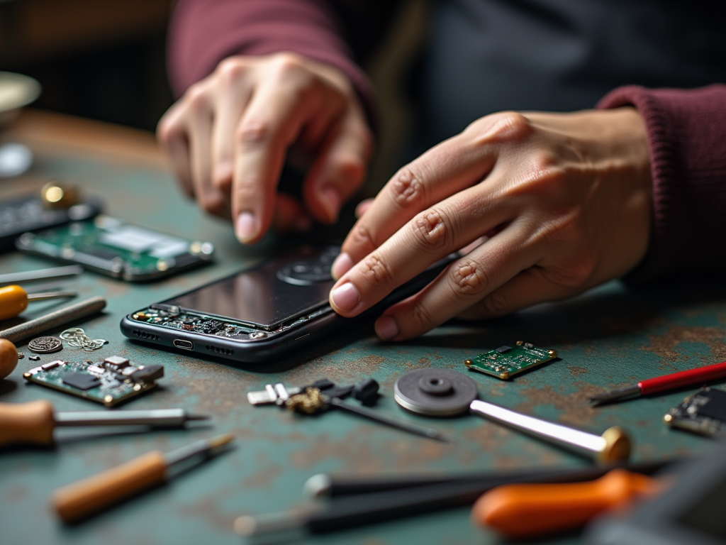 A person repairs a smartphone on a cluttered workbench filled with tools and electronic components.