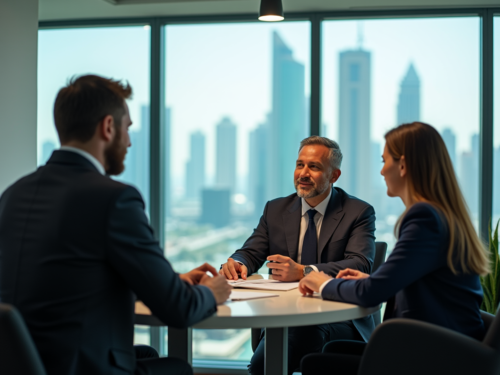 Three business professionals engaging in a meeting in a modern office with city skyline in the background.