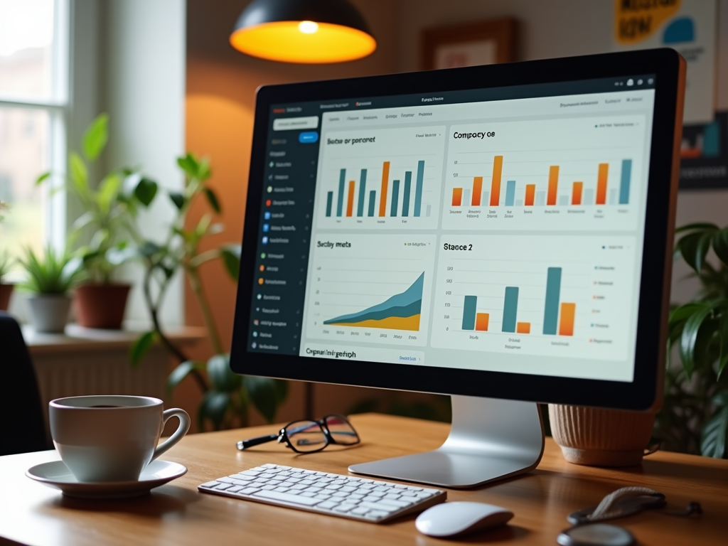 A computer monitor displays colorful graphs and charts, with a cup of coffee and glasses on a wooden desk.