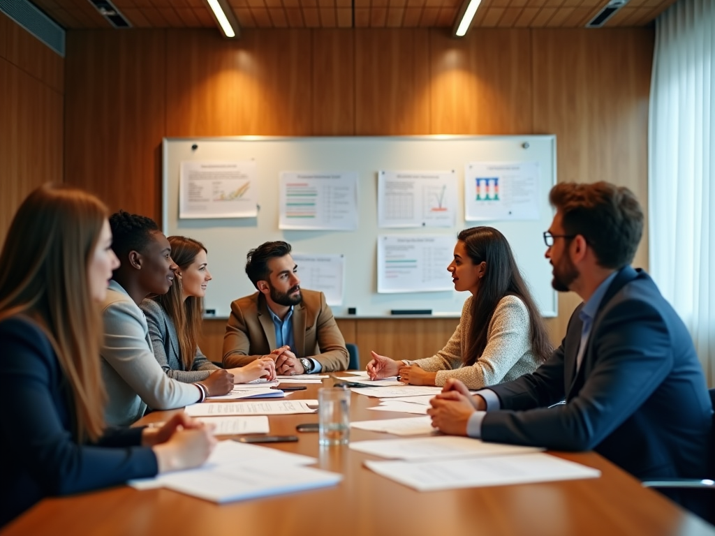 Diverse group of professionals engaging in a meeting around a conference table, discussing charts on a whiteboard.