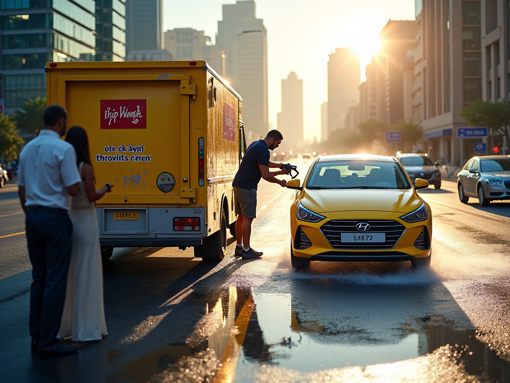 Man washes a yellow car on a city street at sunset while a couple stands nearby.