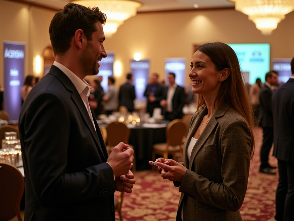 Two professionals conversing cheerfully at a business conference event.