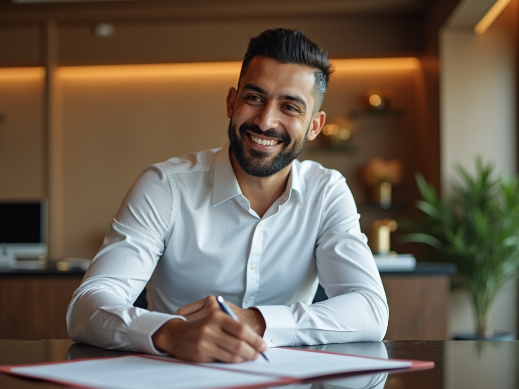 Smiling man in white shirt sitting at desk with documents, in a well-lit office room.