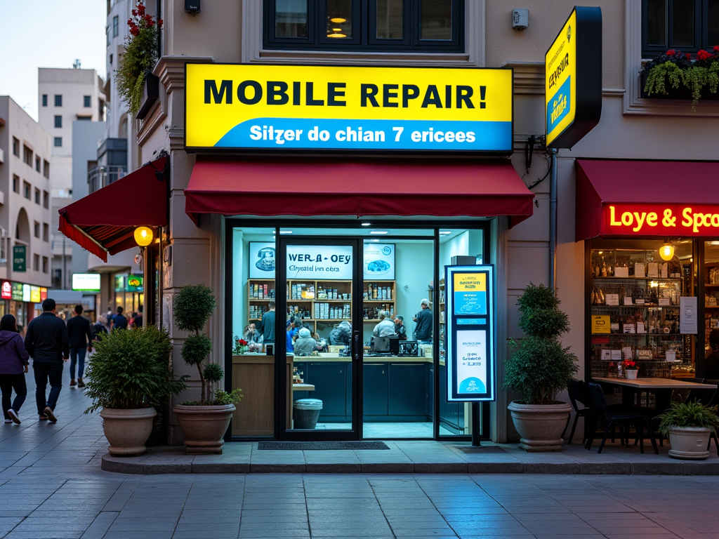 Mobile repair shop lit up at dusk on a bustling street with people walking by.