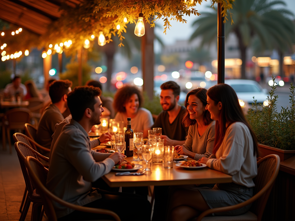 Group of friends enjoying dinner at an outdoor restaurant with warm lighting.