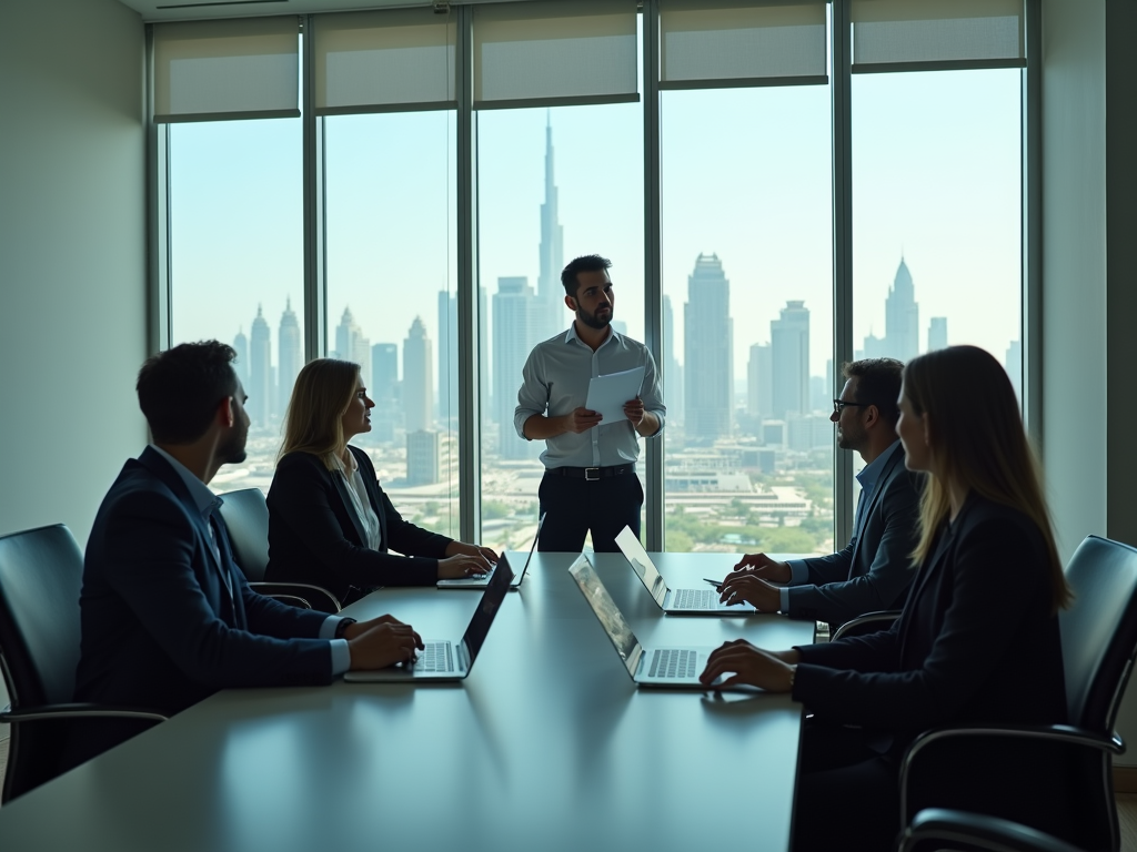 A business meeting in a modern office with a skyline view, as a man presents to his colleagues.