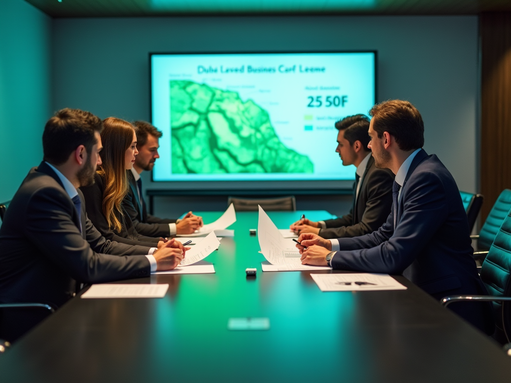 Business professionals in a meeting room reviewing documents with a presentation screen in the background.