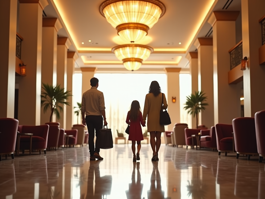 Family walking through a hotel lobby, illuminated by large chandeliers, carrying luggage.