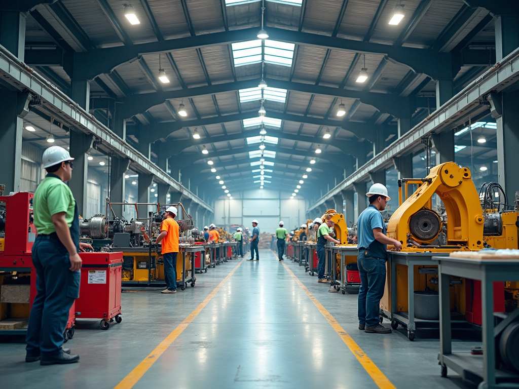 Workers in helmets operating machinery in a busy industrial factory.