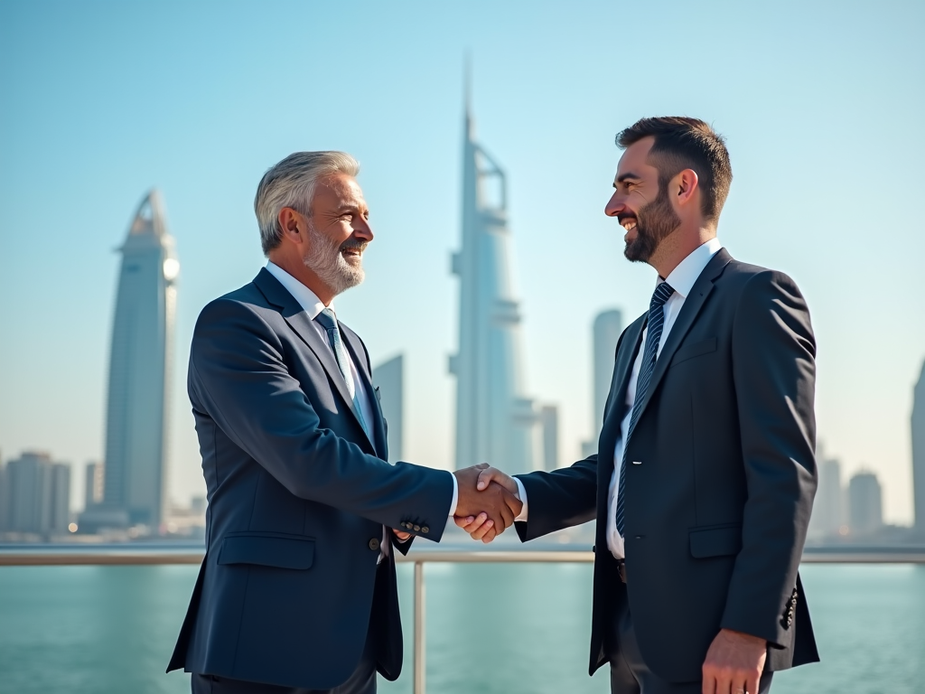 Two businessmen shaking hands on a sunny day with a city skyline in the background.