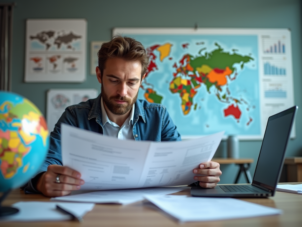 Man reviewing documents in an office with a world map and a laptop on the desk.