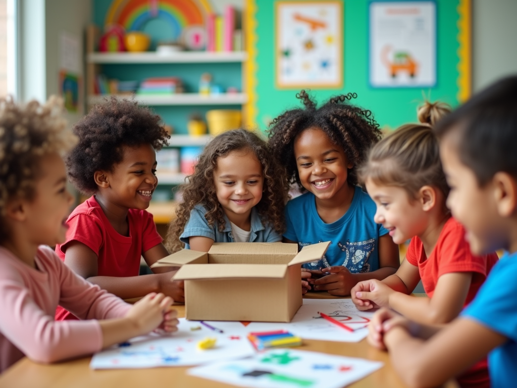 Six children gather around a box, smiling and sharing art supplies in a colorful classroom setting.