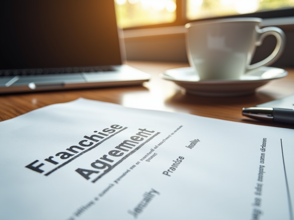 Franchise agreement document on a table with a laptop and coffee cup in background.