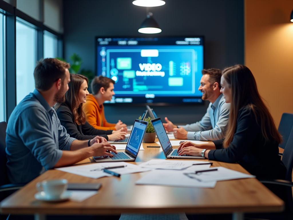 A group of professionals engaged in a meeting, collaborating with laptops and charts displayed on a screen.