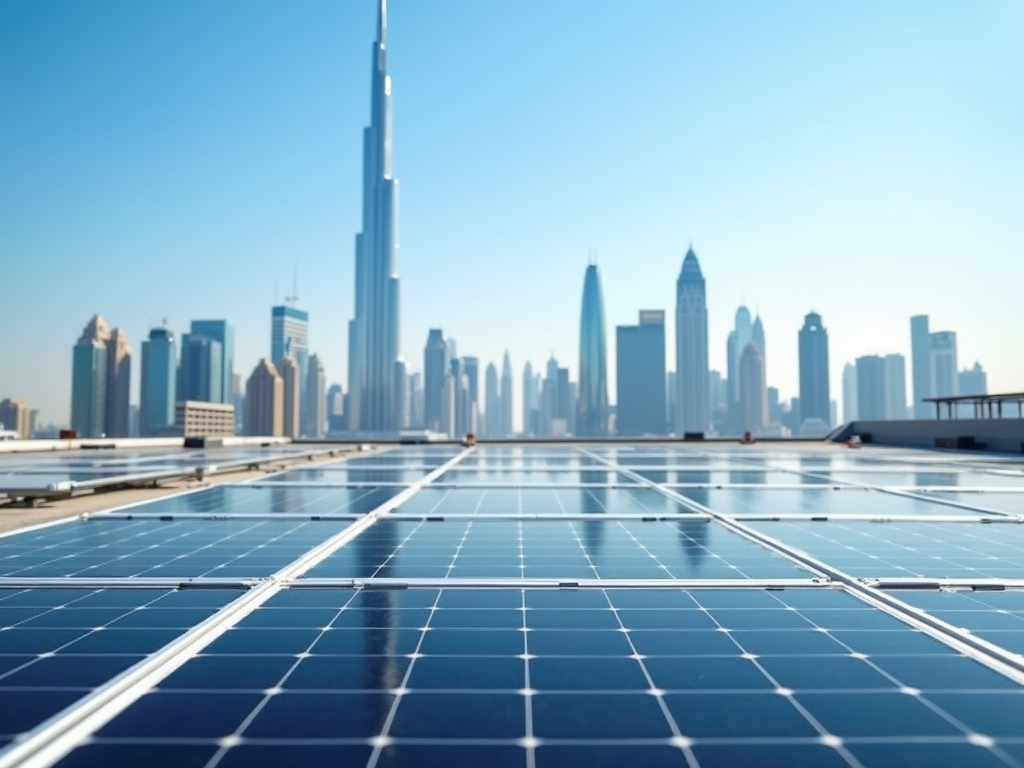 Solar panels on a rooftop with a blurred city skyline featuring tall skyscrapers in the background.