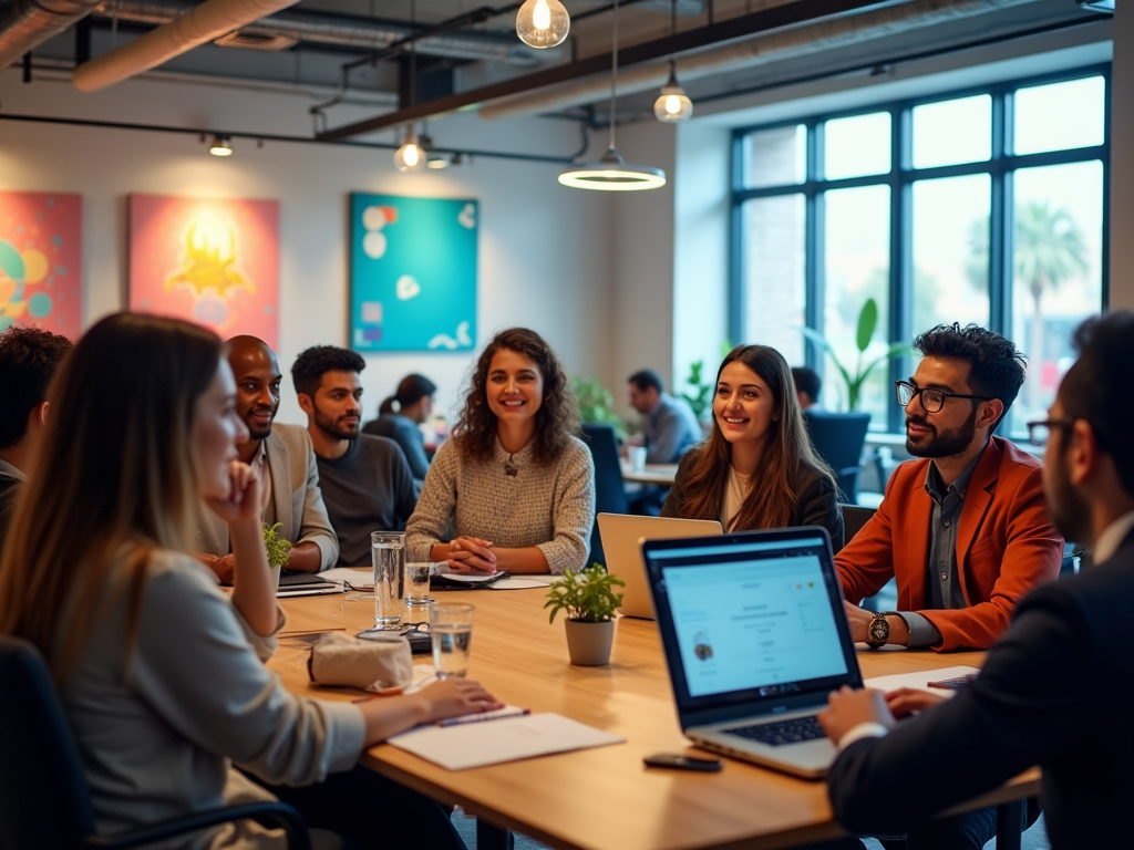 Diverse group of professionals smiling in a vibrant office meeting.