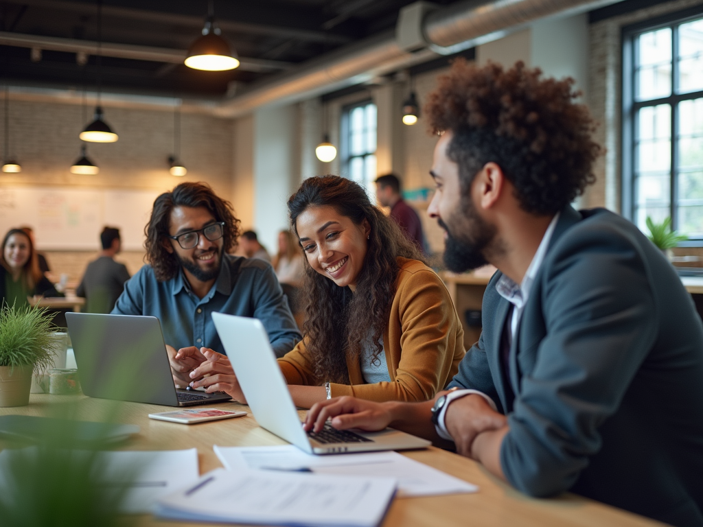 Three people collaborate at a table with laptops in a bright, modern workspace filled with plants and colleagues.