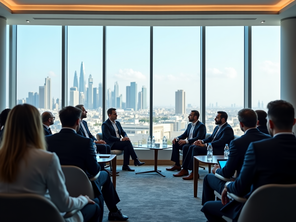 A business meeting in a modern conference room with a city skyline view, featuring several attendees in suits.