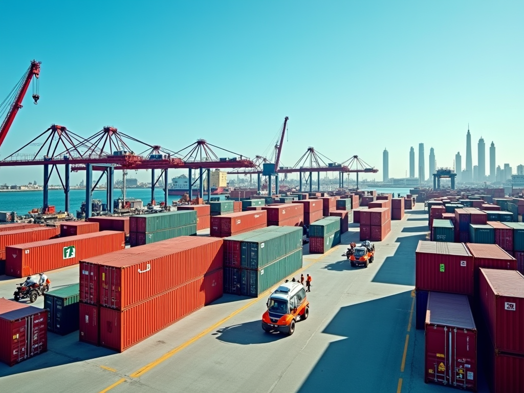 Busy container port with cranes and stacked shipping containers, skyline in the background.