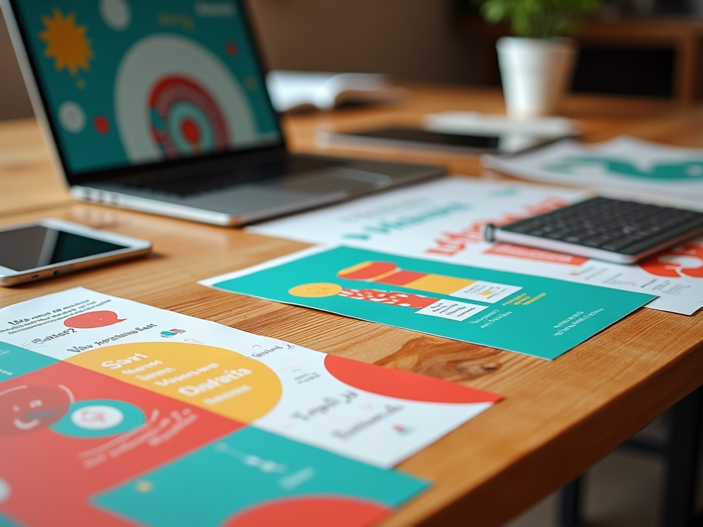 Modern workspace with a laptop displaying graphs and various colorful marketing materials spread on a wooden table.