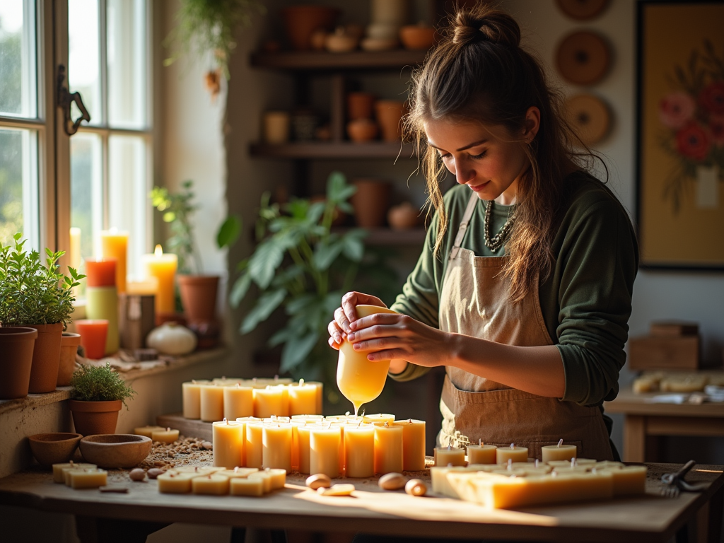 A woman is pouring wax into molds to make candles in a cozy workshop filled with plants and candles.