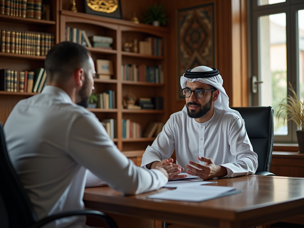 Two men in a serious discussion at a desk in a library, one in traditional Emirati attire.