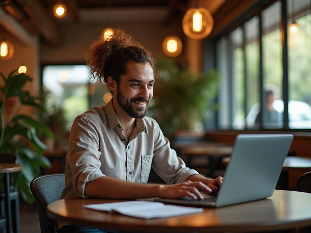 Smiling man with curly hair working on laptop in a cozy cafe setting.