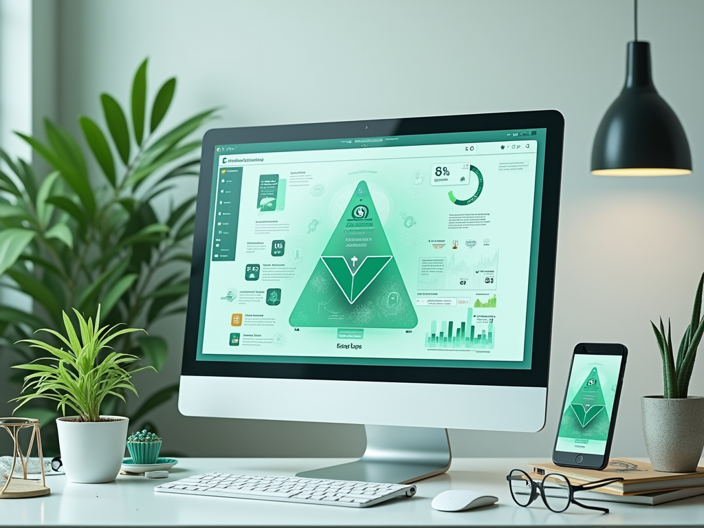 Modern workspace with computer and smartphone displaying eco-friendly analytics dashboard.