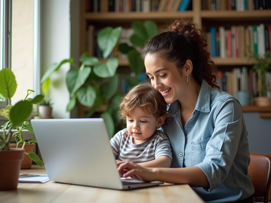 A smiling mother helps her young child with a laptop, surrounded by plants and books in a cozy space.