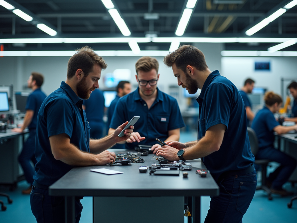 Three men in blue shirts working and consulting over electronic parts in a tech workshop.