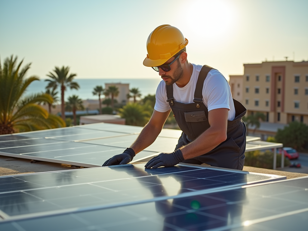 A solar technician in a yellow hard hat works on solar panels at sunset, with palm trees and buildings in the background.