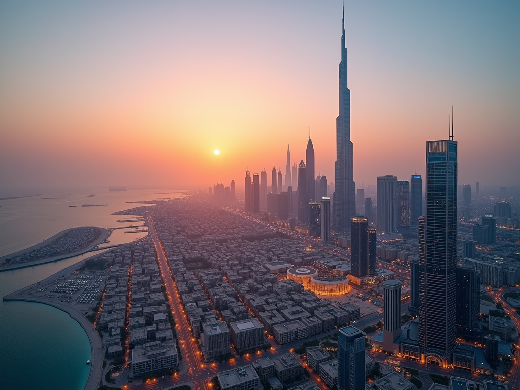 Sunset over a modern city skyline with skyscrapers and ocean.