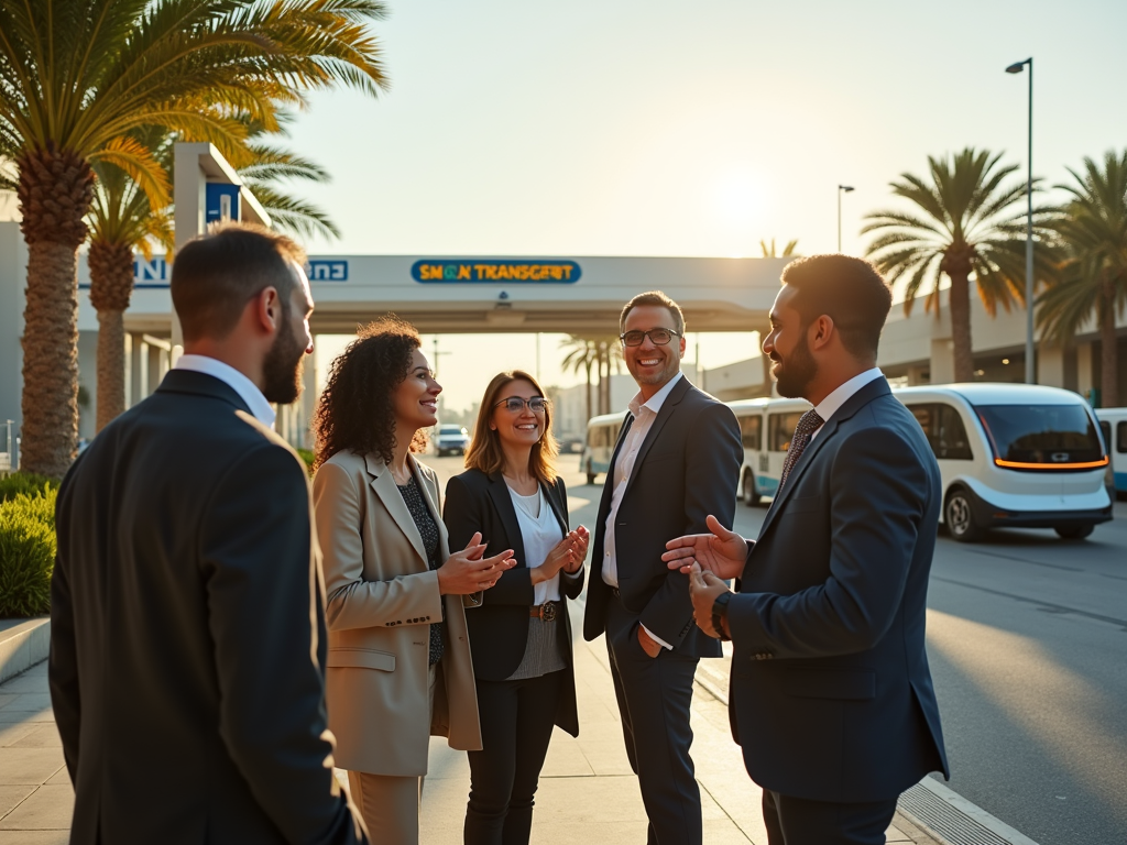 A group of five professionals converses outdoors, palm trees, and transit vehicles in the background, during sunset.