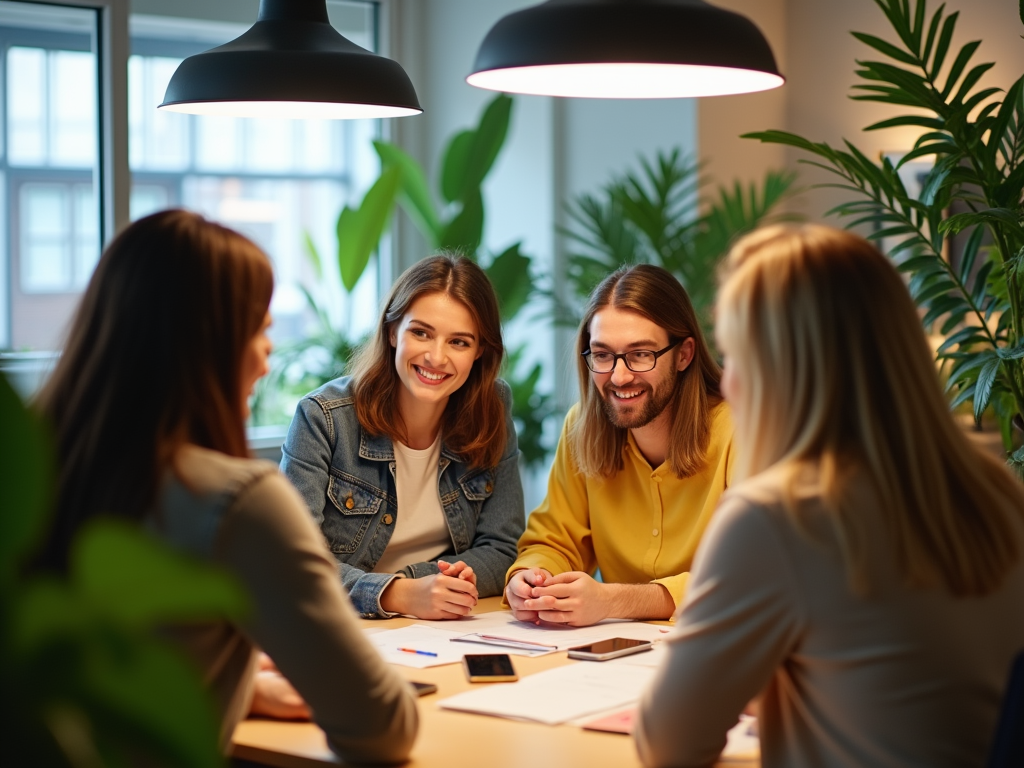 Four coworkers having a meeting around a table, smiling and discussing ideas in a well-lit office.