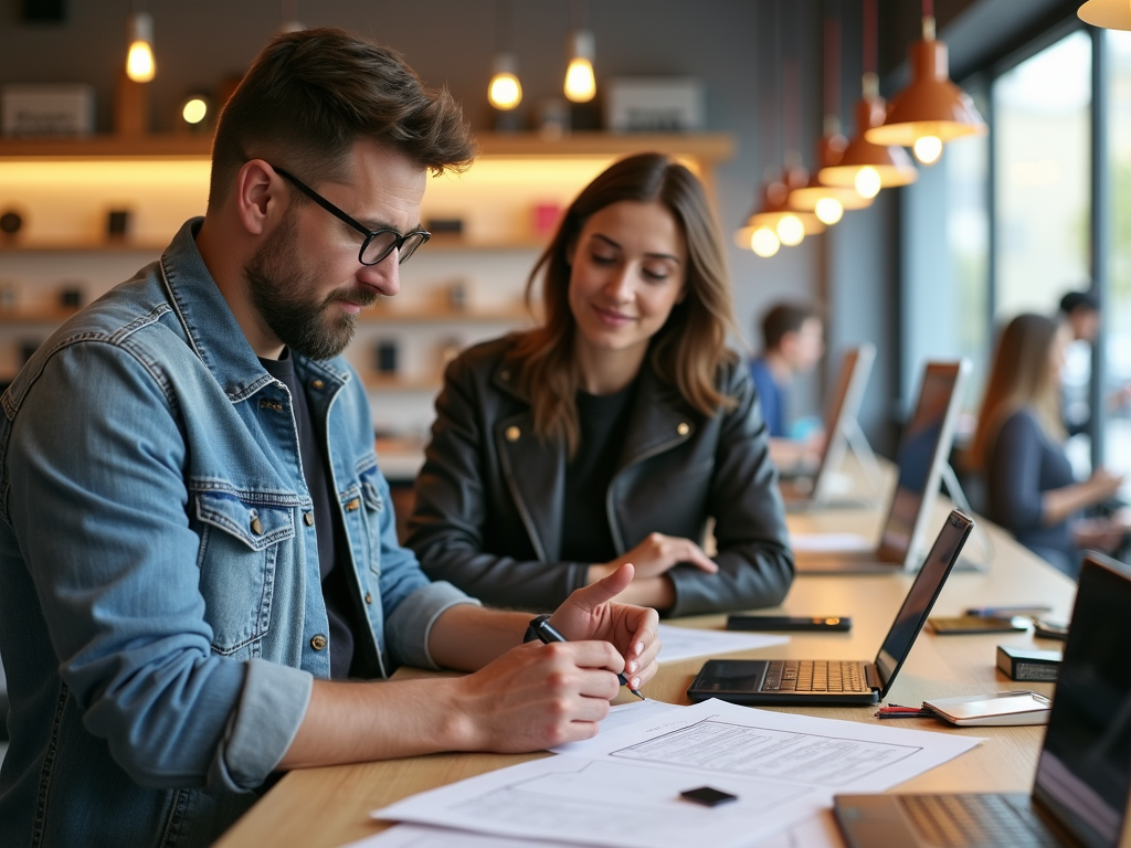 A man and a woman collaborate at a desk with laptops, discussing papers in a stylish workspace.