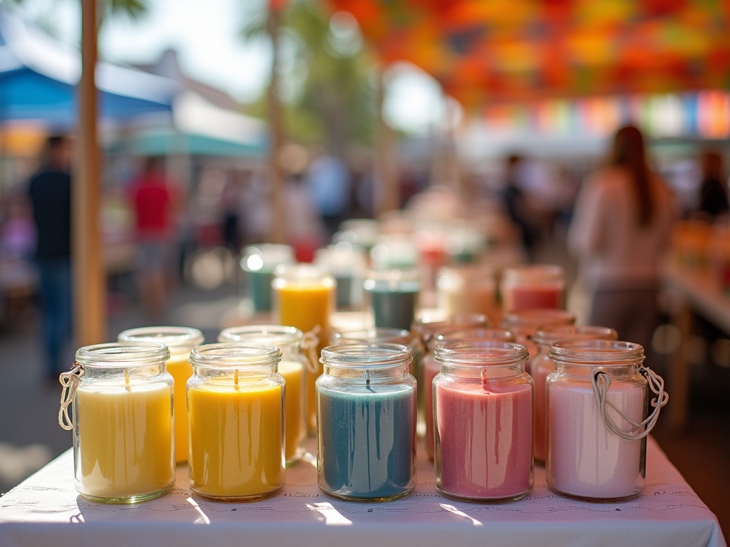 A variety of colorful candles in glass jars are displayed on a table at a vibrant outdoor market.