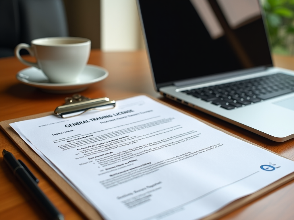 Work desk with a general trading license on clipboard, coffee cup, and laptop.