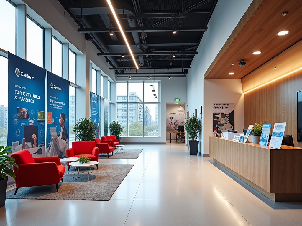 A modern office lobby with red seating, large windows, and promotional banners for a health-related company.