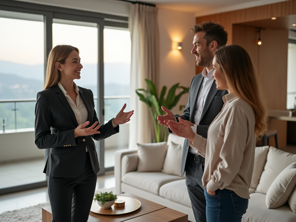 Real estate agent discussing with a couple in a modern living room with large windows.