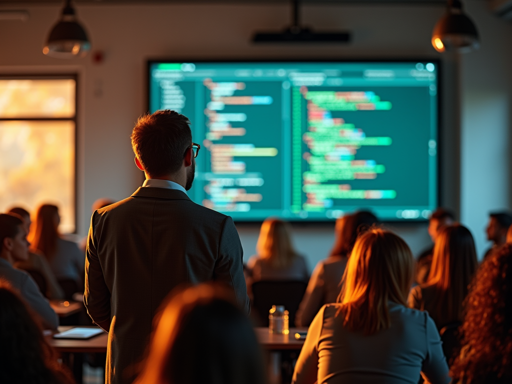 A person in a suit stands in front of a screen displaying code, while an audience watches attentively.