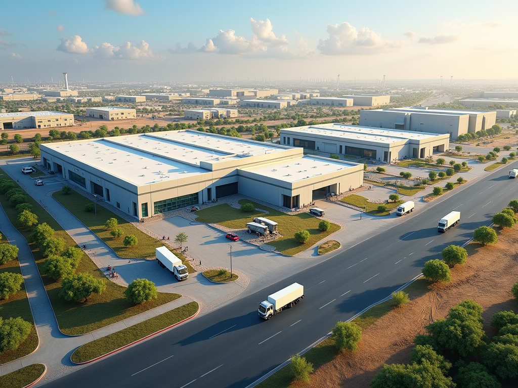 Aerial view of a large industrial complex with trucks and landscaped surroundings at dusk.