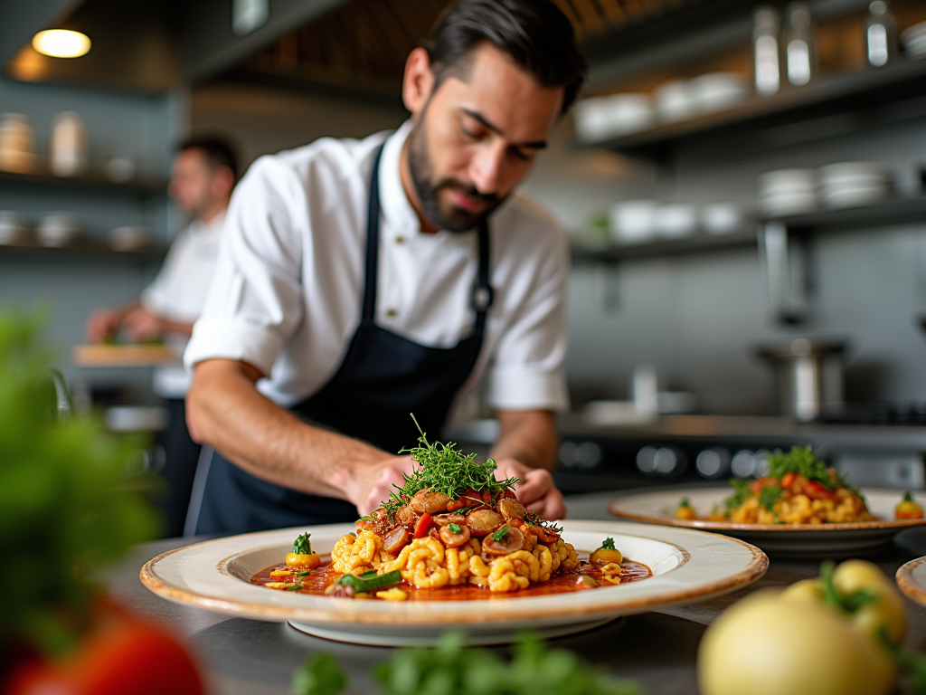 Chef garnishing a pasta dish with herbs in a professional kitchen.