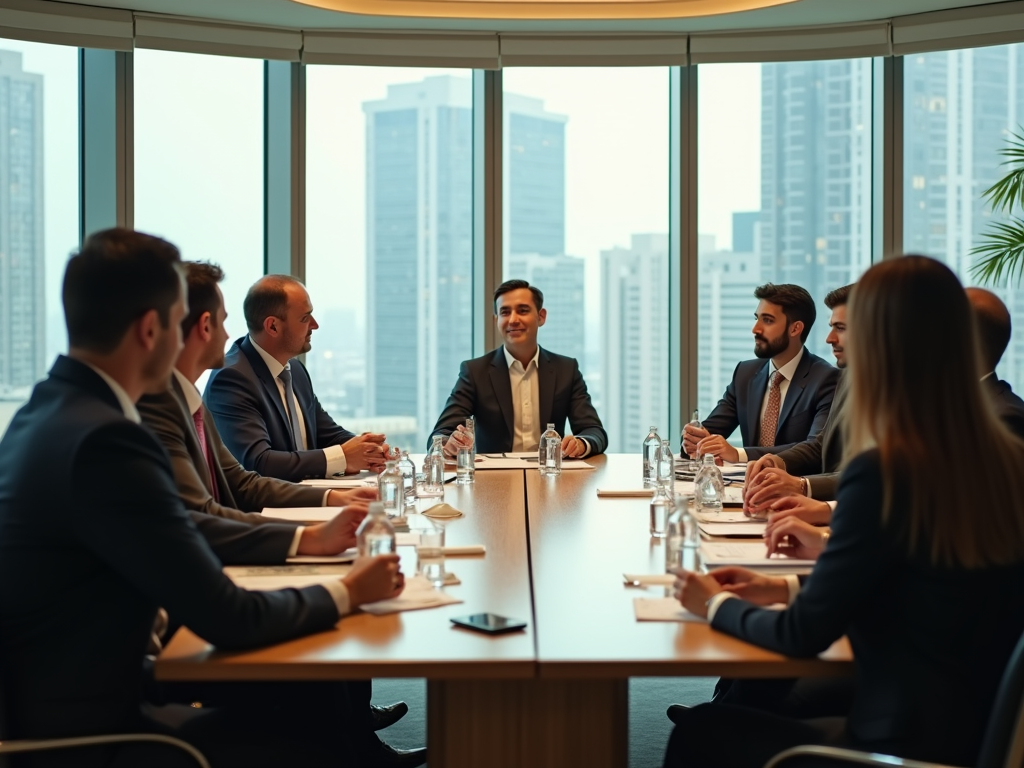 Business professionals in a meeting at a table in a high-rise office with cityscape views.