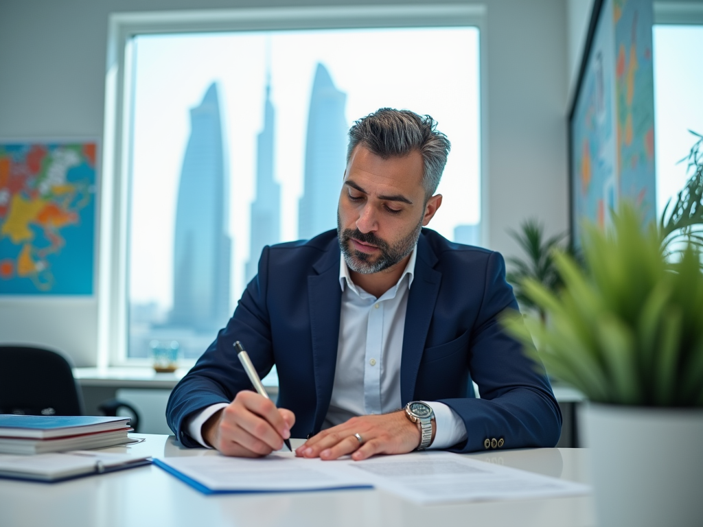 Businessman in a suit writing documents in an office with cityscape view through window.